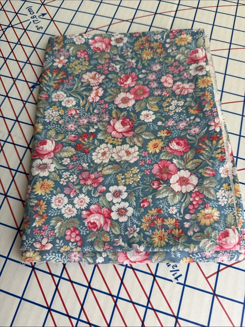 Vintage 1980s Floral Fabric 1 Yard x 44 Teal Pink Roses English Garden Cotton